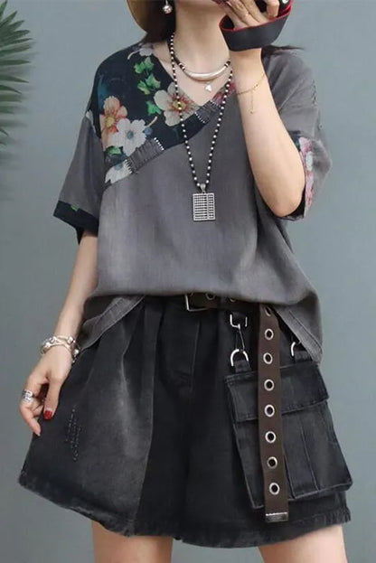 Denim Cotton Linen Stitching V Neck T-shirt