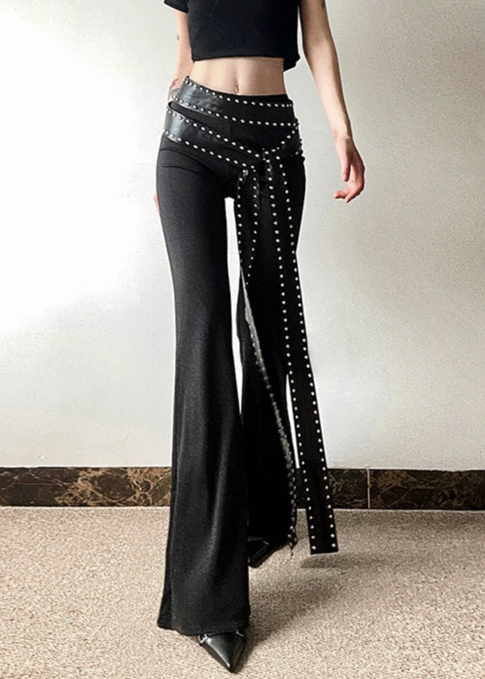 Stylish Black Asymmetrical Rivet Sashes Flared Pants Summer