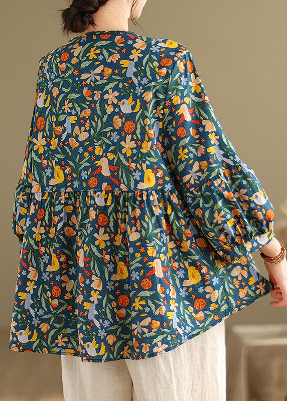 Green Print Patchwork Wrinkled Tops Fall