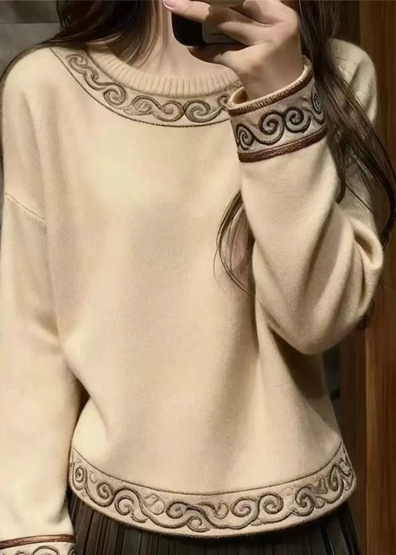 Simple Beige Embroidered Thick Knit Sweaters Winter