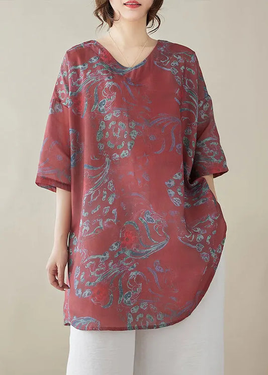 Red Print Linen Tops Half Sleeve