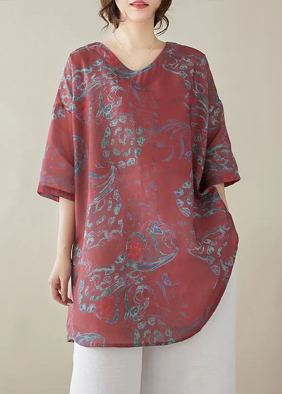 Red Print Linen Tops Half Sleeve