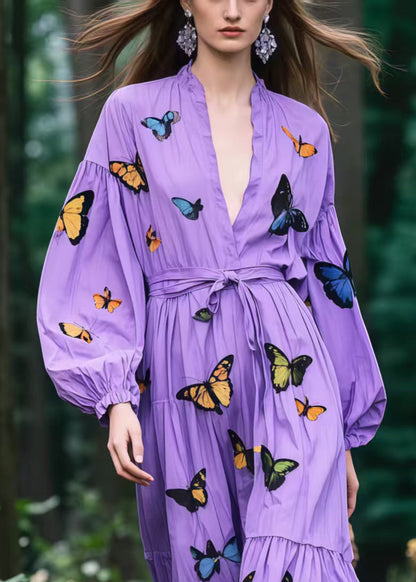 Lavender Tie Waist Butterfly Cotton Vacation Dress Spring