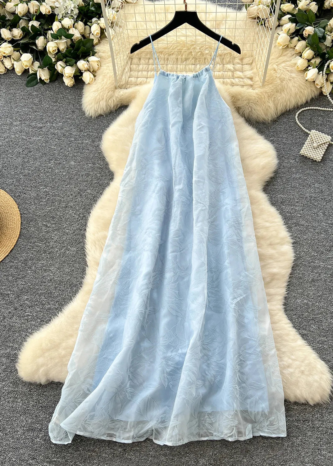 Sky Blue Jacquard Chiffon Spaghetti Strap Dress Summer