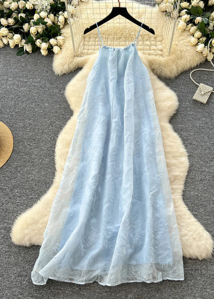 Sky Blue Jacquard Chiffon Spaghetti Strap Dress Summer