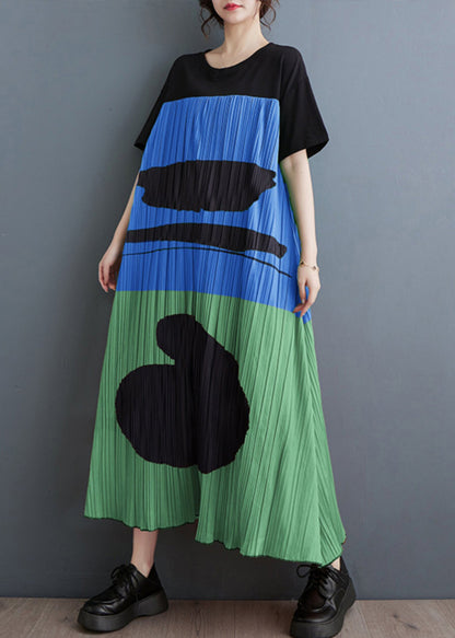 Diy Blue Oversized Patchwork Print Cotton Maxi Dress Summer