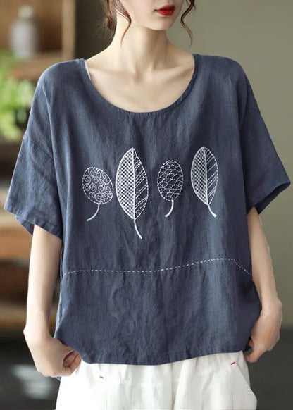 French Red Summer O-neck Embroidered Linen Half Sleeve T Shirt
