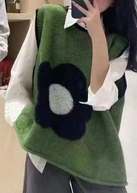 Italian Green O Neck Patchwork Knit Vest Sleeveless