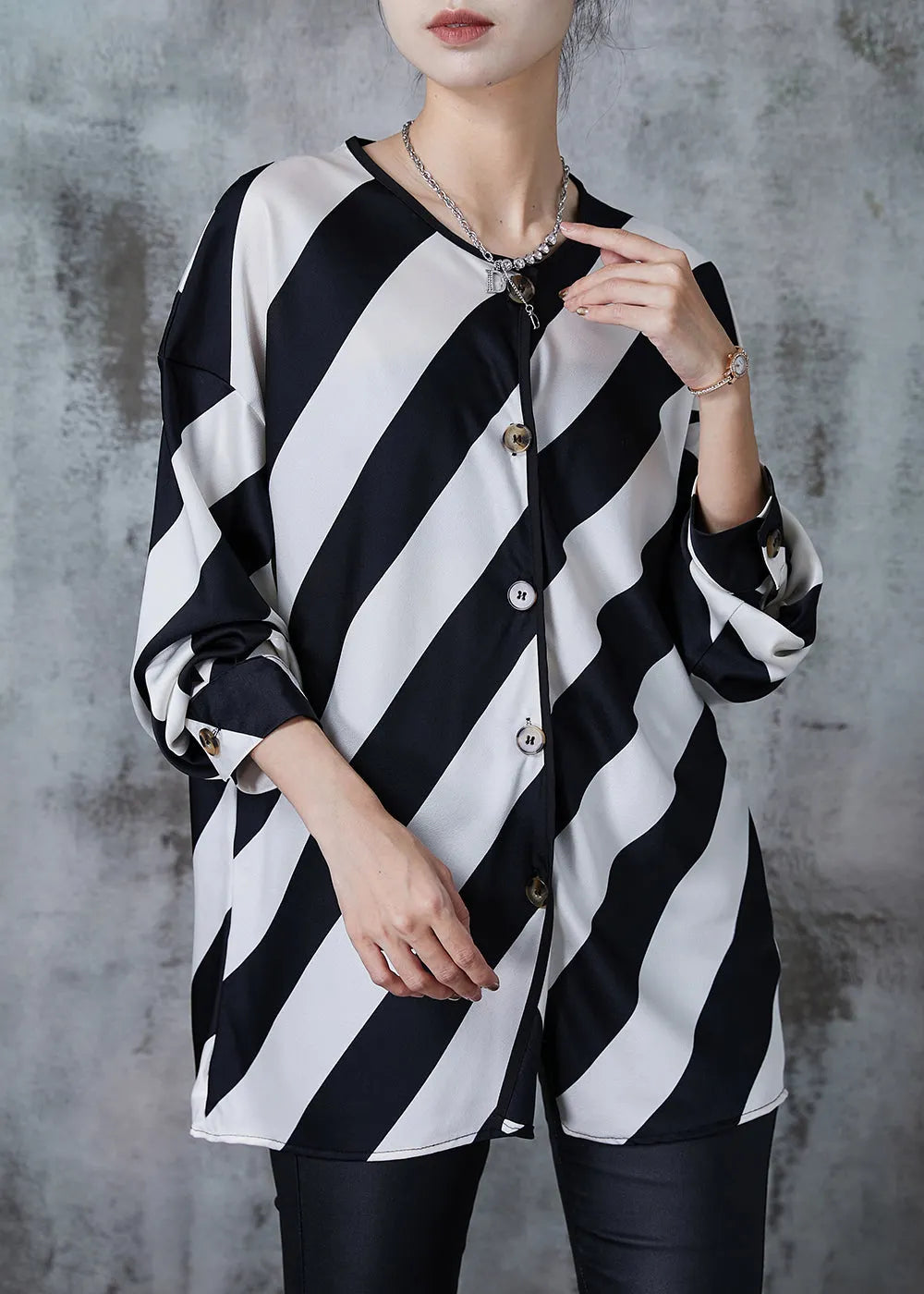 Black White Striped Oversized Chiffon Shirts Spring
