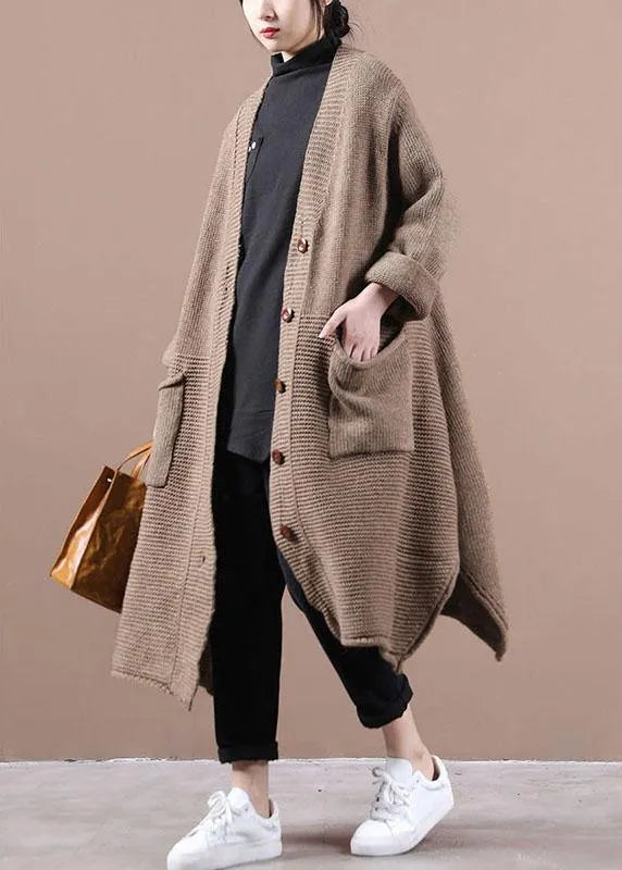 Chocolate V Neck Pockets Fall Long Sweater Coat