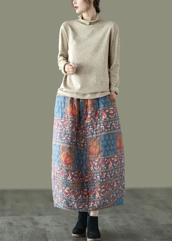 Fine Elastic Waist Pockets Print Fine Cotton Filled a Line Skirt Winter