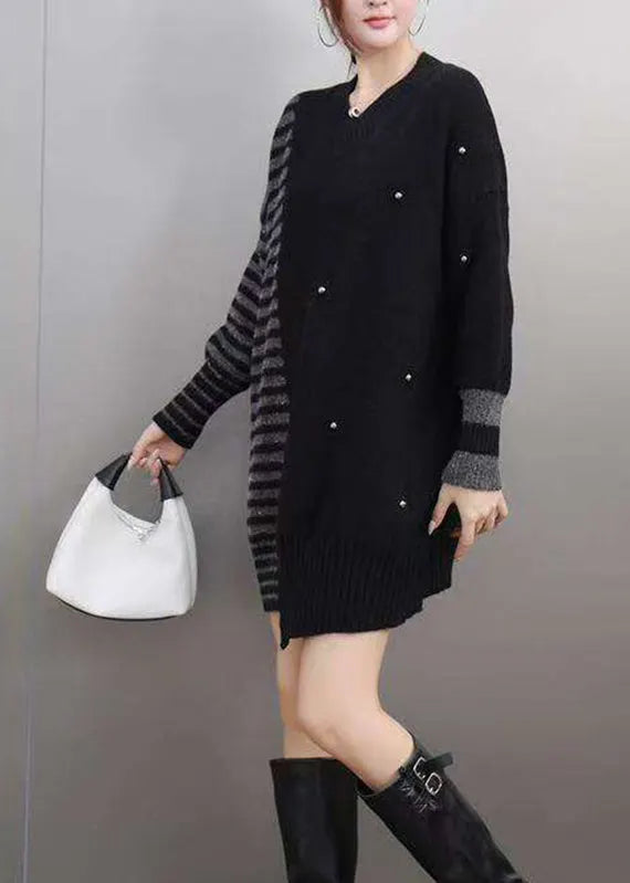 Style Colorblock Thick Striped Nail Bead Cotton Knit Sweaters Winter