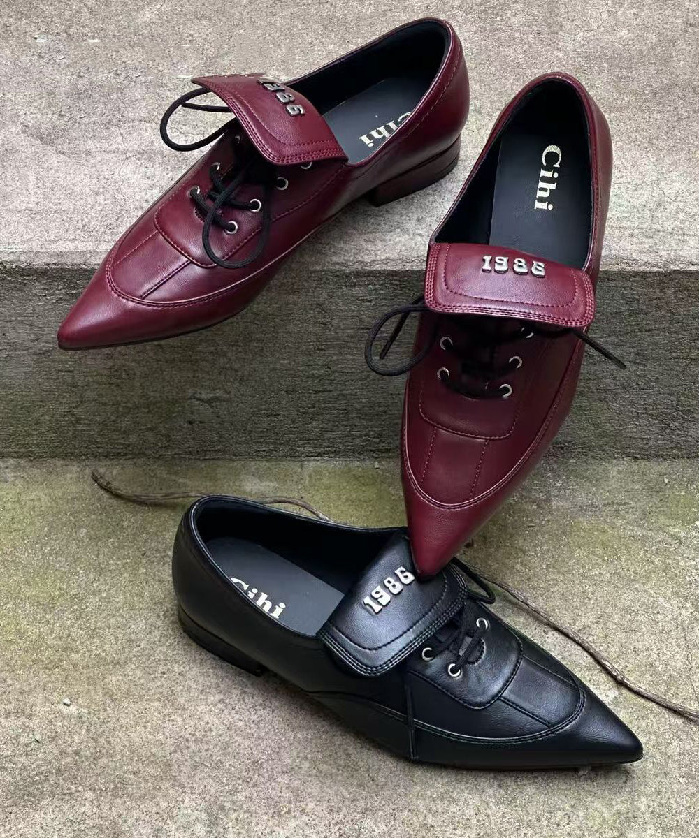 Black Faux Leather Splicing Lace Up Pointed Toe Shoes