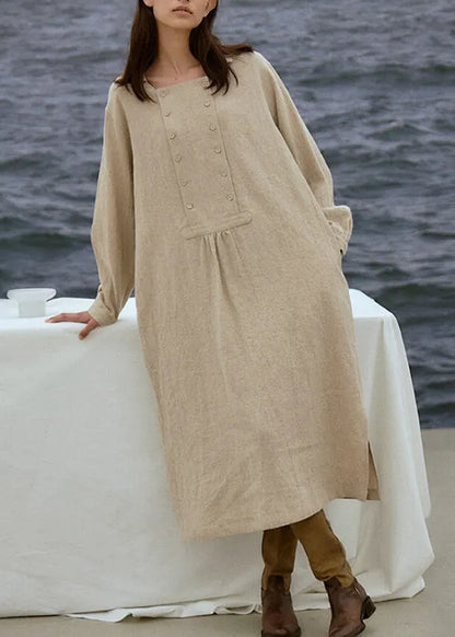 Original Linen Square Collar Side Open Long Dresses Spring