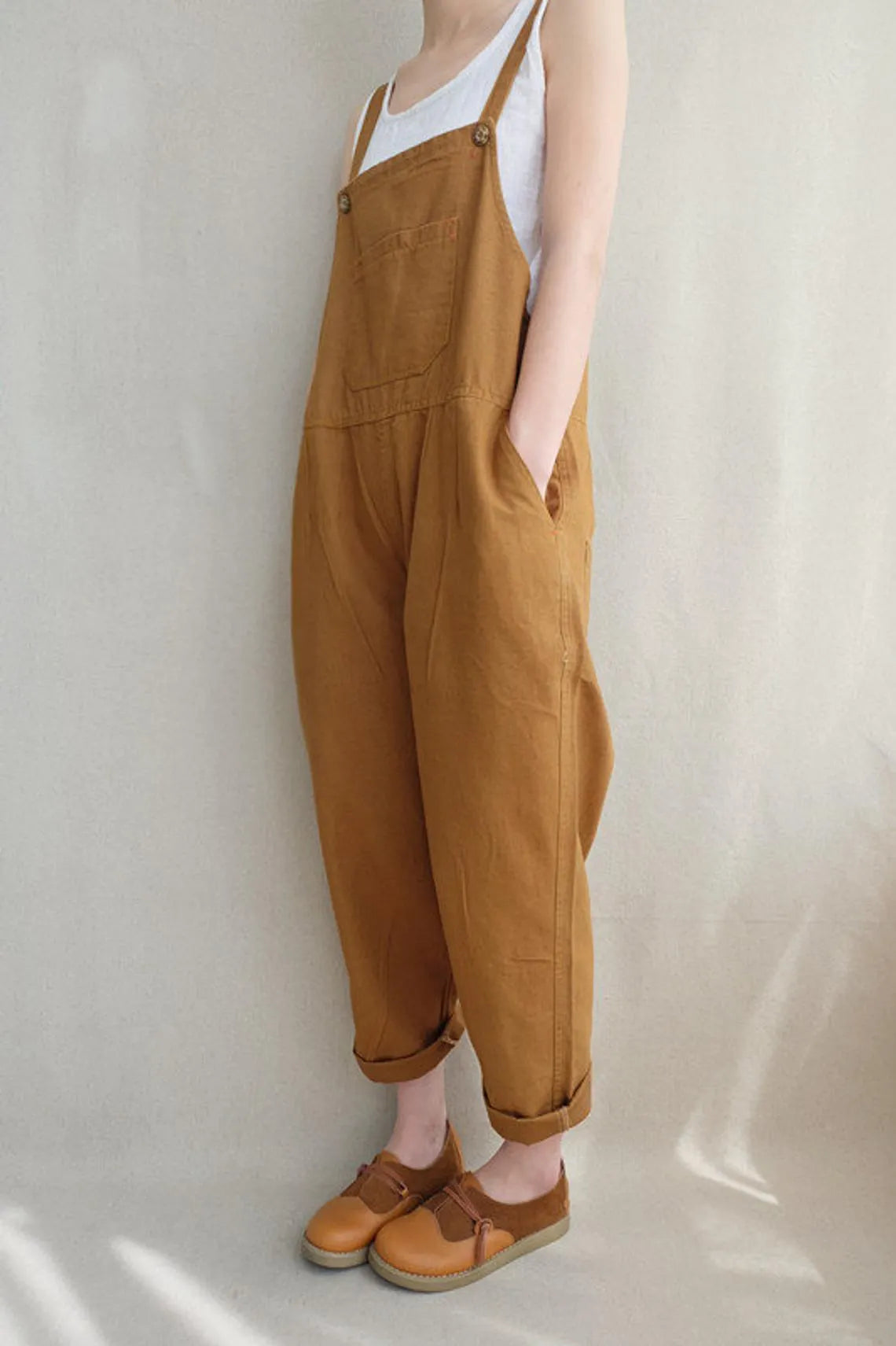 Leisure Cotton Jumpsuits Comfortable Dungarees Wide Leg Pants Overalls With Pockets