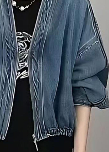 Blue V Neck Zip Up Patchwork Denim Jacket Fall