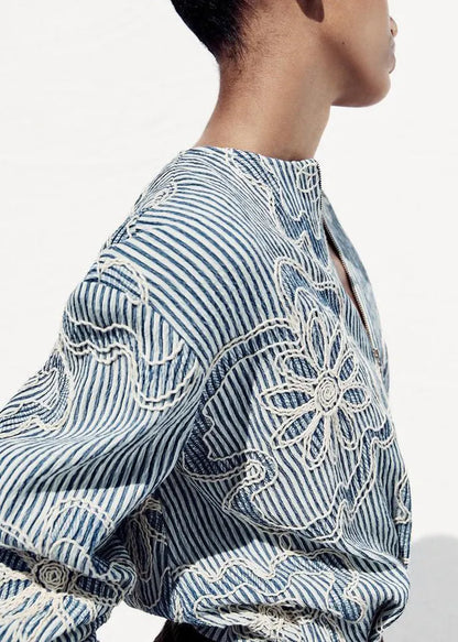 Striped Blue Zippered Original Design Cotton Coats Fall