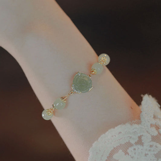 Buddha Stones 14k Gold Plated Hetian Jade Rose Flower Luck Chain Bracelet