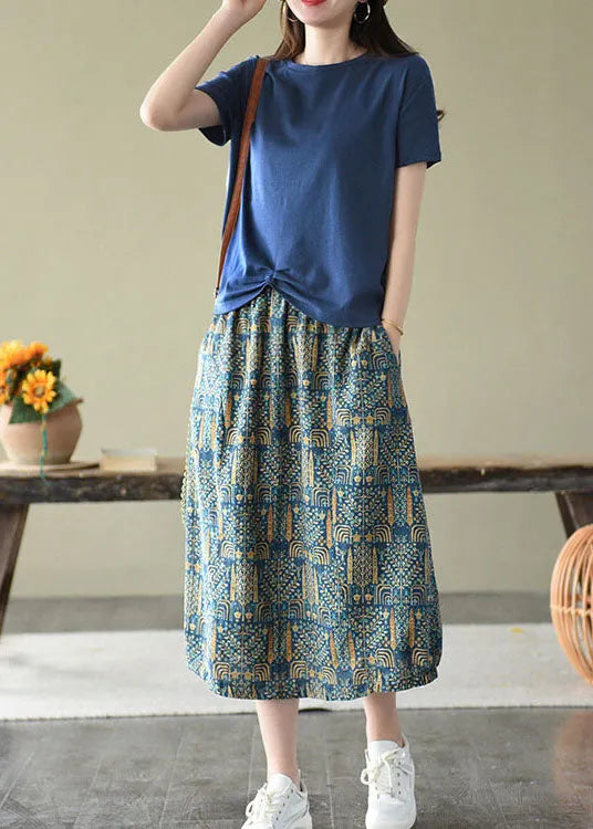Blue Elastic Waist Pockets Print Linen Skirts Summer