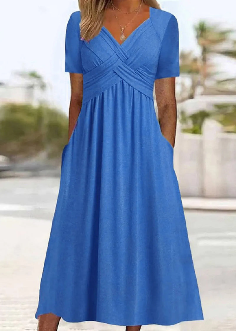 New Green V Neck Pockets Cotton Long Dress Summer