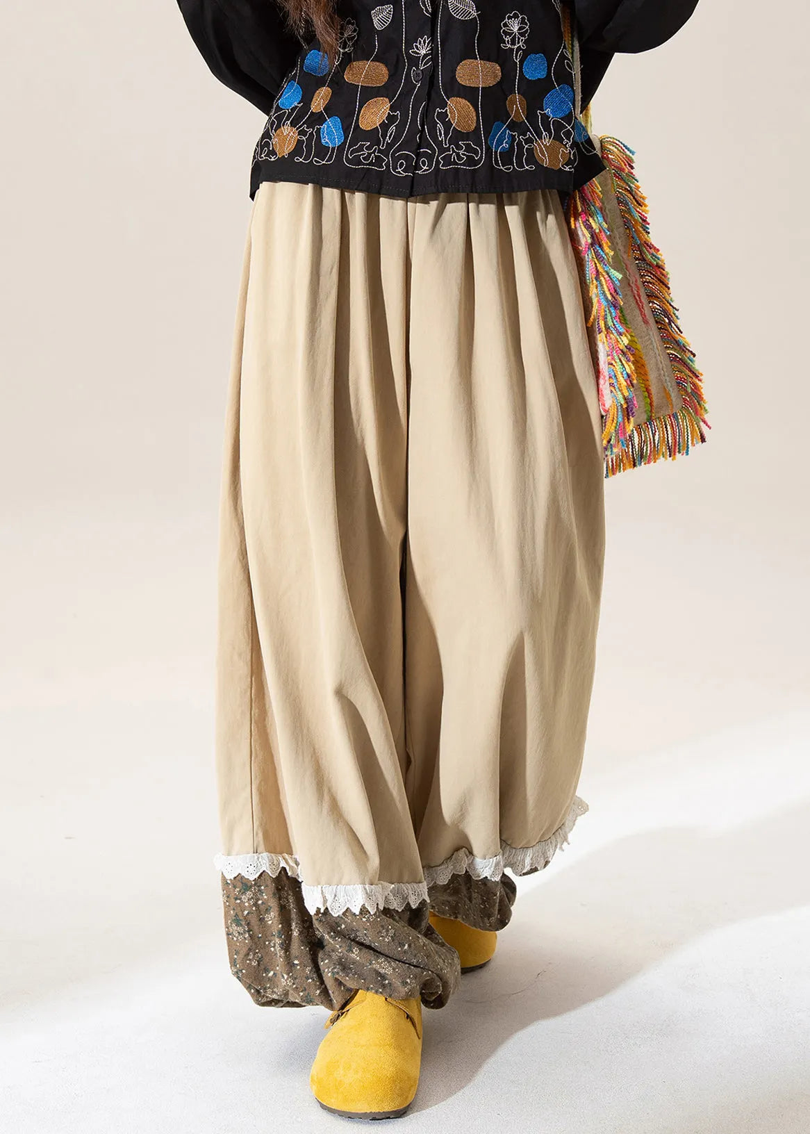 Khaki Print Patchwork Elastic Waist Cotton Pants Fall