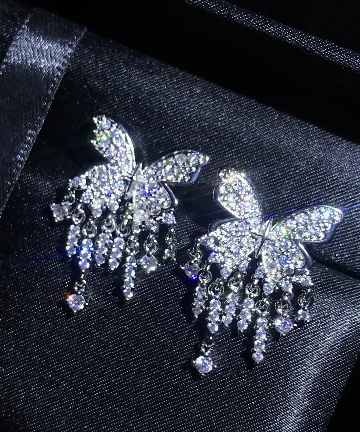 White Sterling Silver Alloy Zircon Butterfly Tassel Drop Earrings