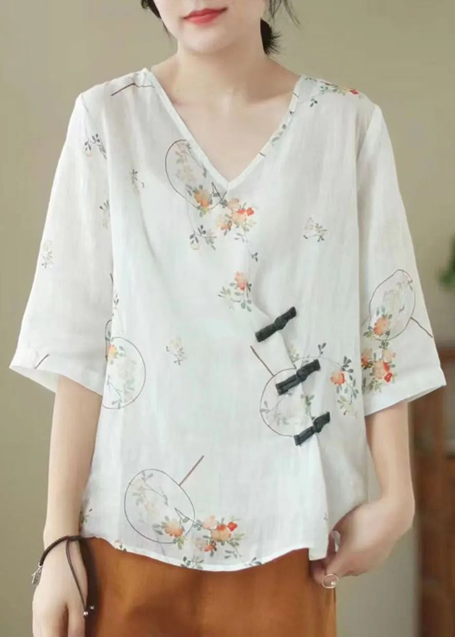 White V Neck Print Chinese Button Patchwork Linen Blouse Top Summer