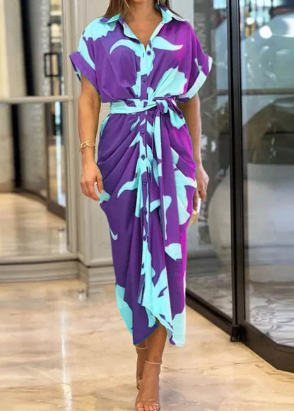 Novelty Yellow Print Tie Waist Cotton Shirts Dress Summer