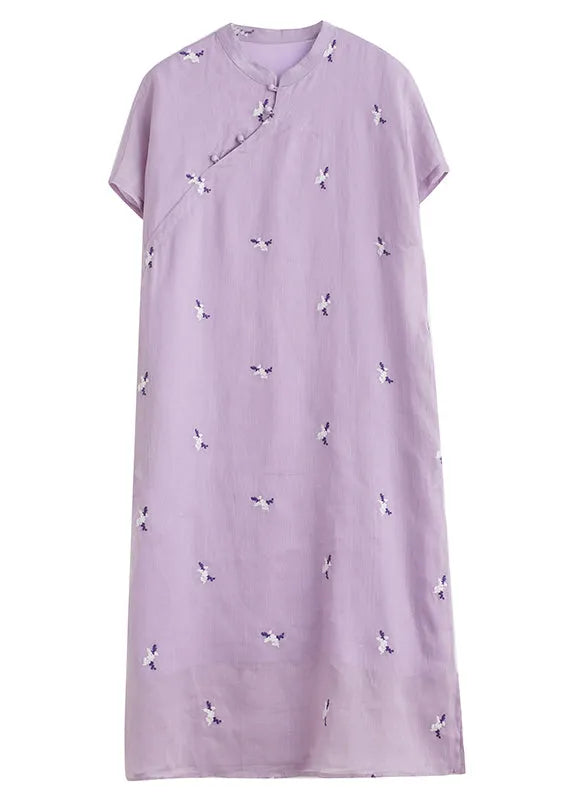 Loose Purple Embroidered Button Pockets Cotton Dress Summer