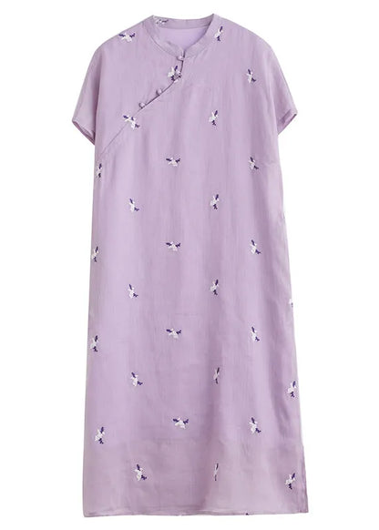 Loose Purple Embroidered Button Pockets Cotton Dress Summer