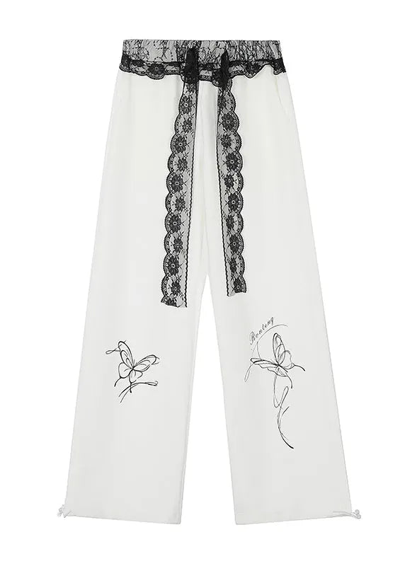 French White Print Patchwork Lace Wide Leg Pants Fall