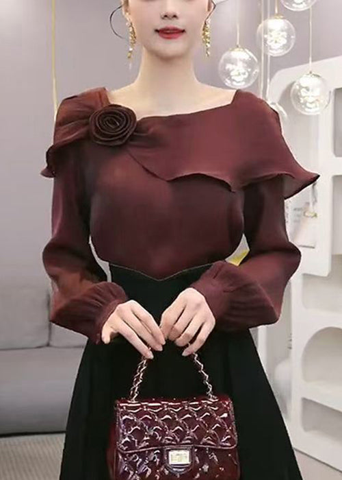 Stylish Wine Red Ruffled Chiffon Blouses Spring