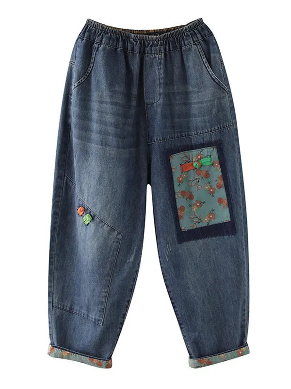 Artistic Retro Applique Denim Pants