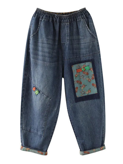 Artistic Retro Applique Denim Pants