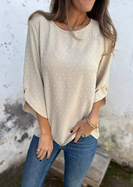 Apricot O Neck Jacquard Cotton Tops Bracelet Sleeve