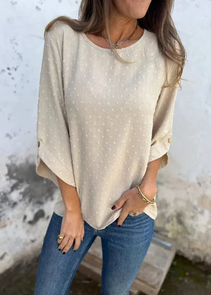 Apricot O Neck Jacquard Cotton Tops Bracelet Sleeve