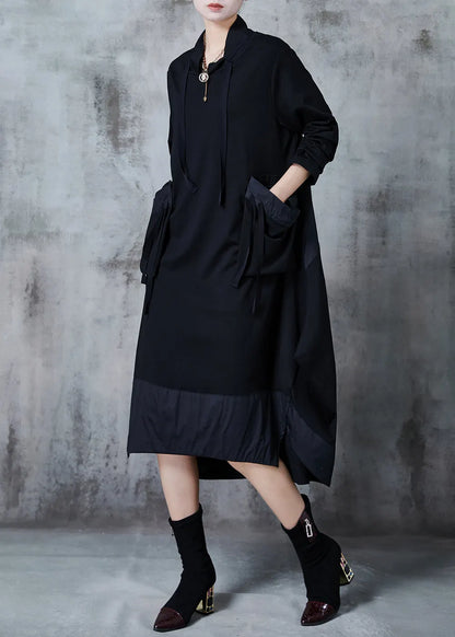 Modern Black Oversized Patchwork Cotton Long Dress Spring