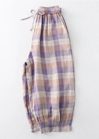 Colorblock Oversized Plaid Linen Harem Pants Summer