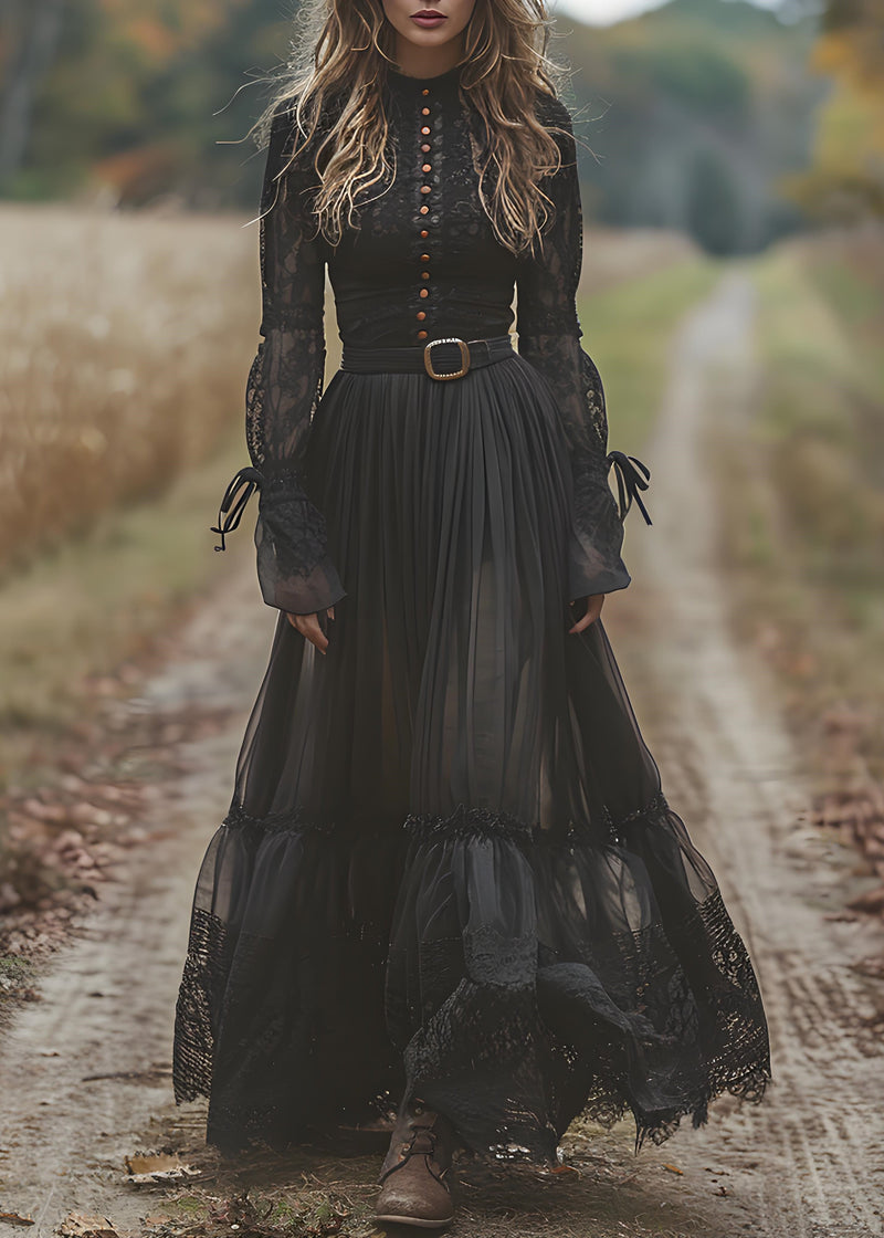 Black Lace Patchwork Wrinkled Cotton Maxi Dresses Spring
