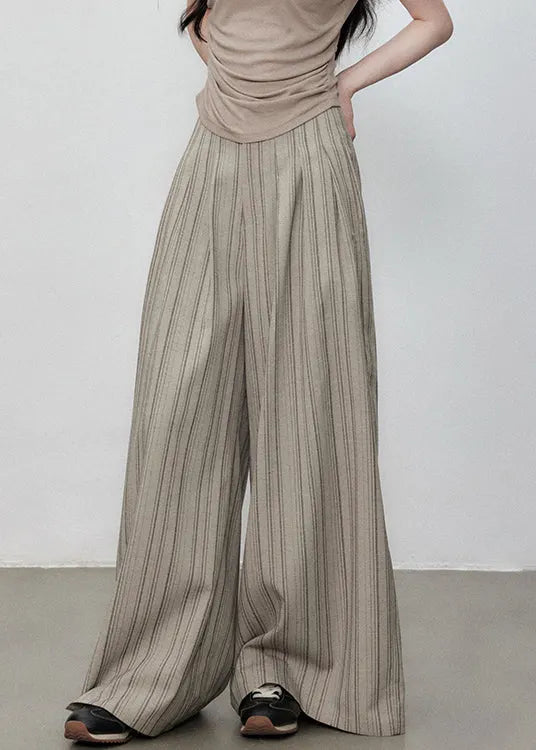 French Striped Button Pockets High Waist Cotton Wide Leg Pants Summer