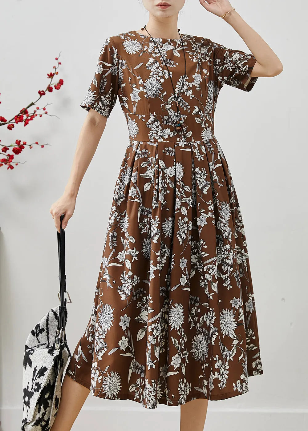 Brown Print Silm Fit Cotton Long Dresses Summer
