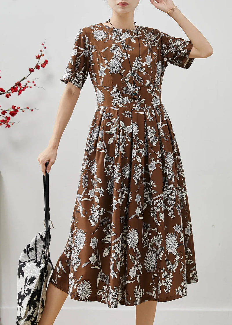Brown Print Silm Fit Cotton Long Dresses Summer
