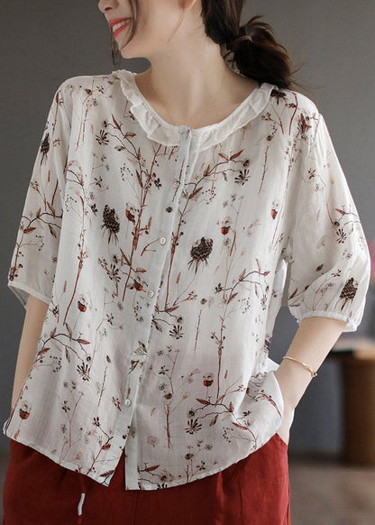 White O-neck Button Linen Shirt Half Sleeve