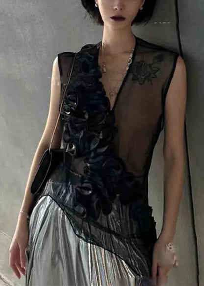 Black V Neck Ruffled Original Design Tulle Top Sleeveless