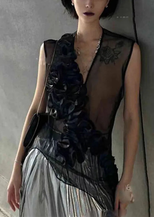 Black V Neck Ruffled Original Design Tulle Top Sleeveless