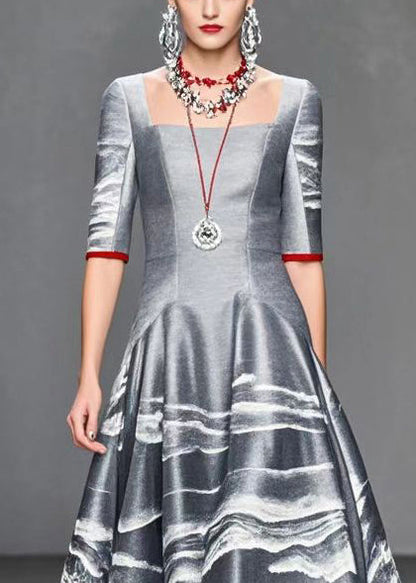Grey Print Exra Large Hem Cotton Dress Half Sleeve