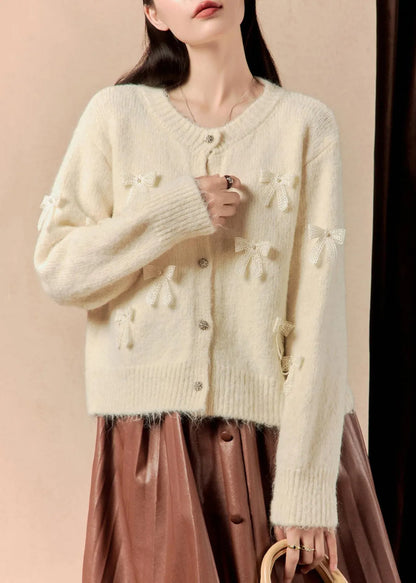 White Button Bow Patchwork Cotton Knit Sweaters Winter
