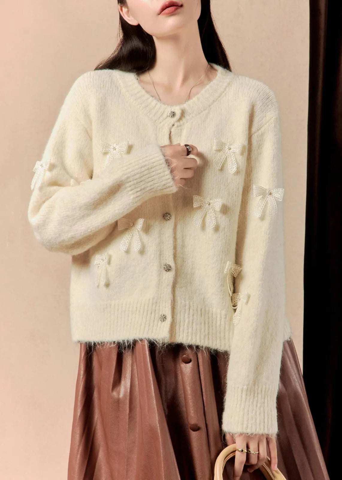 White Button Bow Patchwork Cotton Knit Sweaters Winter