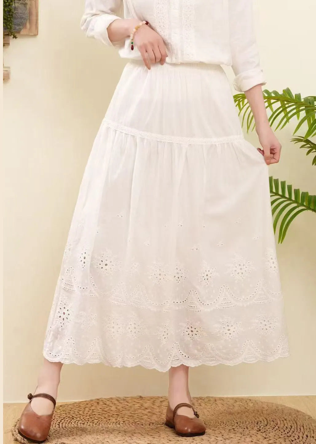 Rose Embroidered Hollow Out Cotton Skirts Summer