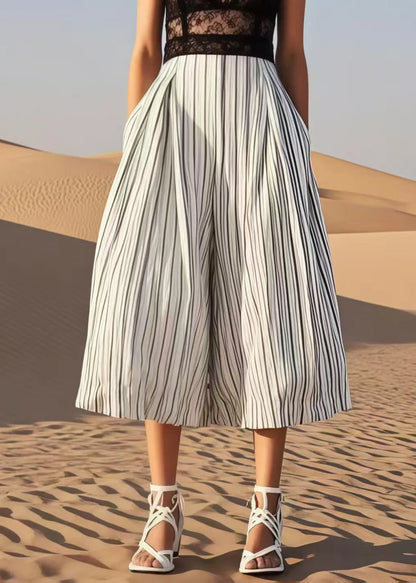 Natural White Striped Cotton Wide Leg Pants Summer